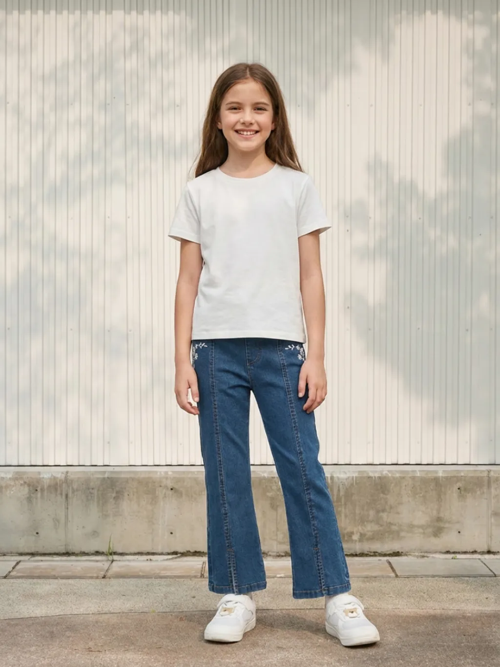 Girls' Blue Flared Jeans with Floral Embroidery