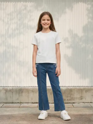 Girls' Blue Flared Jeans with Floral Embroidery — view 1