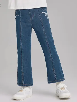 Girls' Blue Flared Jeans with Floral Embroidery — view 2