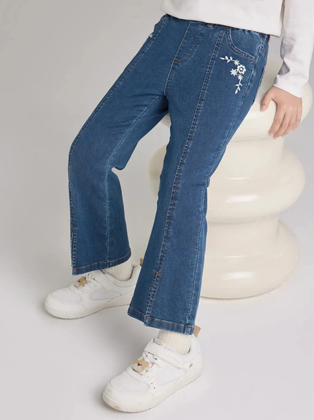 Girls' Blue Flared Jeans with Floral Embroidery — quality denim, made to last