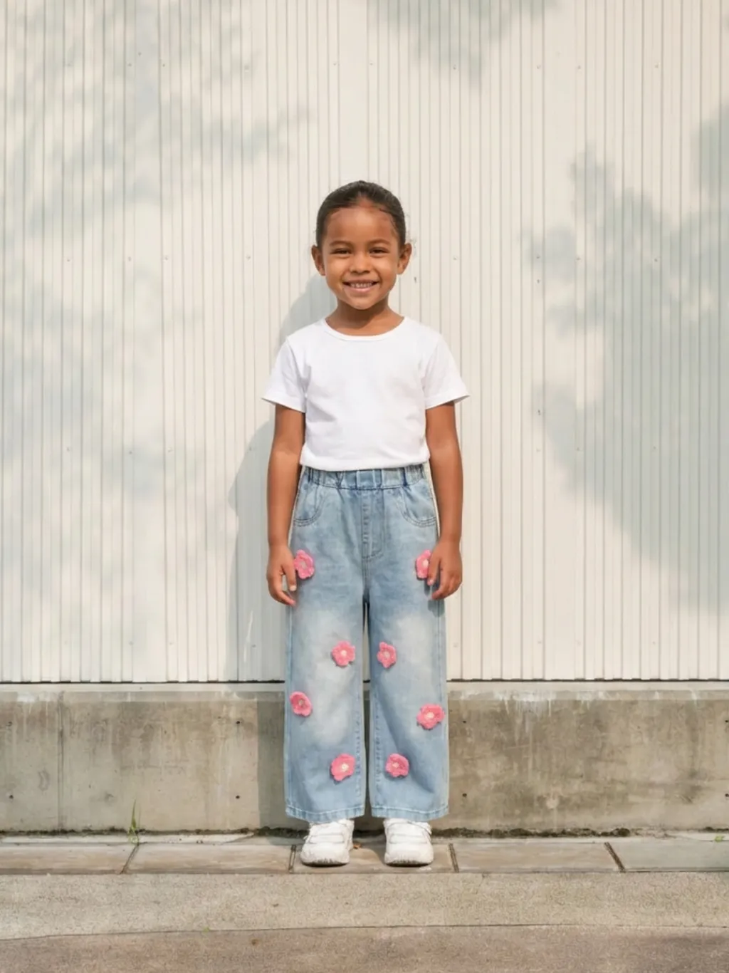 Girls' Blue Jeans with Floral Pattern
