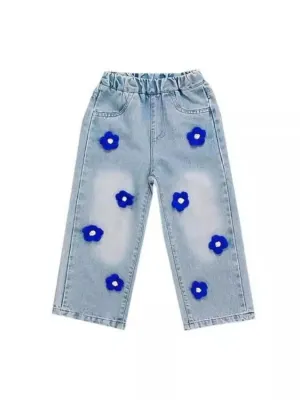 Girls' Blue Jeans with Floral Pattern — view 4