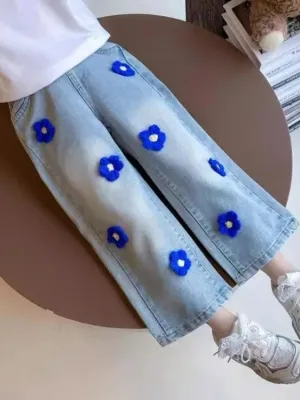 Girls' Blue Jeans with Floral Pattern — view 5