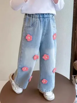 Girls' Blue Jeans with Floral Pattern — view 6