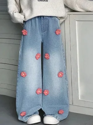 Girls' Blue Jeans with Floral Pattern — view 7