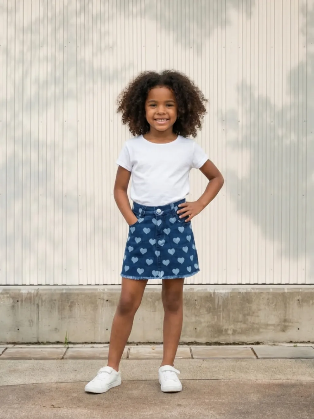 Girls' Blue Denim Skirt with Frayed Hem and Heart Print