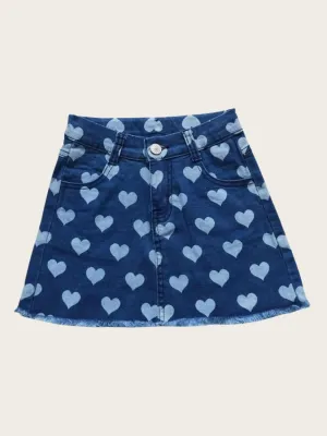 Girls' Blue Denim Skirt with Frayed Hem and Heart Print — view 2