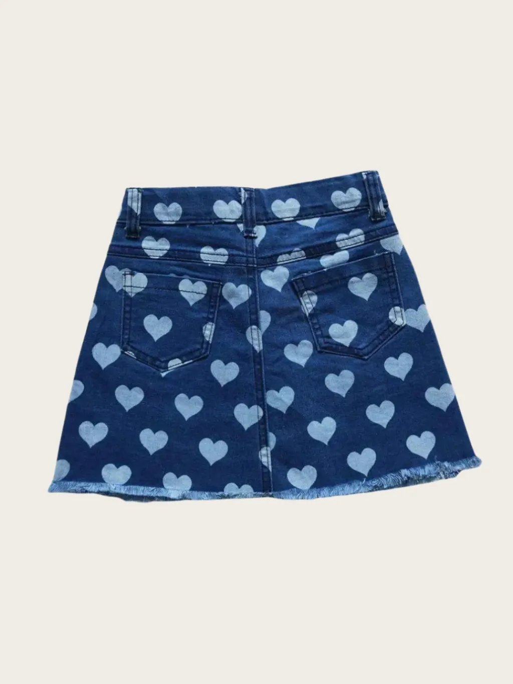 Girls' Blue Denim Skirt with Frayed Hem and Heart Print — quality denim, made to last