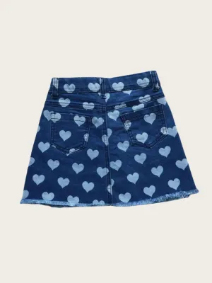 Girls' Blue Denim Skirt with Frayed Hem and Heart Print — view 3