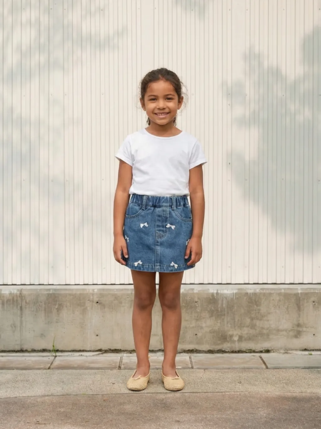 Girls' Denim Skort with Bow Embroidery