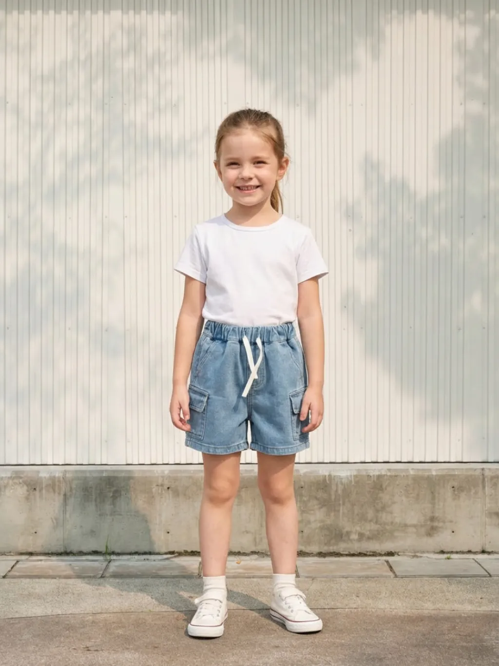 Girls' Denim Bermuda Shorts with Cargo Pockets and Drawstring