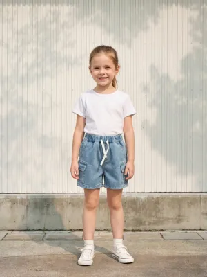 Girls' Denim Bermuda Shorts with Cargo Pockets and Drawstring — view 1
