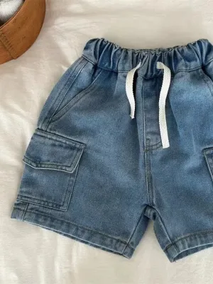 Girls' Denim Bermuda Shorts with Cargo Pockets and Drawstring — view 3