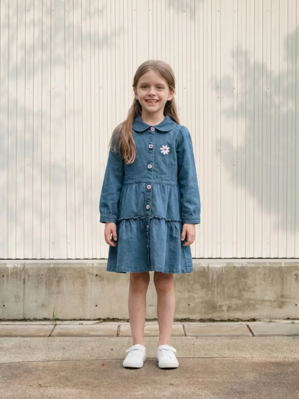 Girls' Daisy Denim Dress with Ruffles and Peter Pan Collar