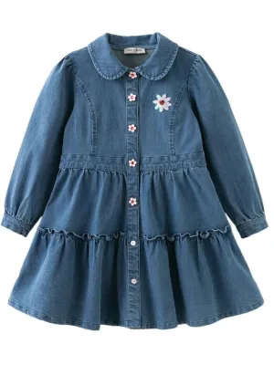 Girls' Daisy Denim Dress with Ruffles and Peter Pan Collar — view 3