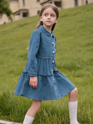 Girls' Daisy Denim Dress with Ruffles and Peter Pan Collar — view 5