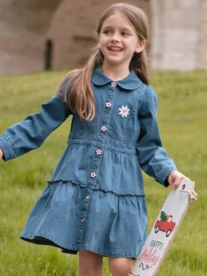 Girls' Daisy Denim Dress with Ruffles and Peter Pan Collar — view 6