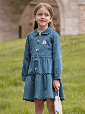 Girls' Daisy Denim Dress with Ruffles and Peter Pan Collar — view 7