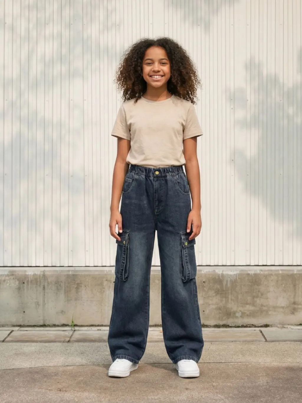 Girls' Dark Blue Washed Cargo Jeans