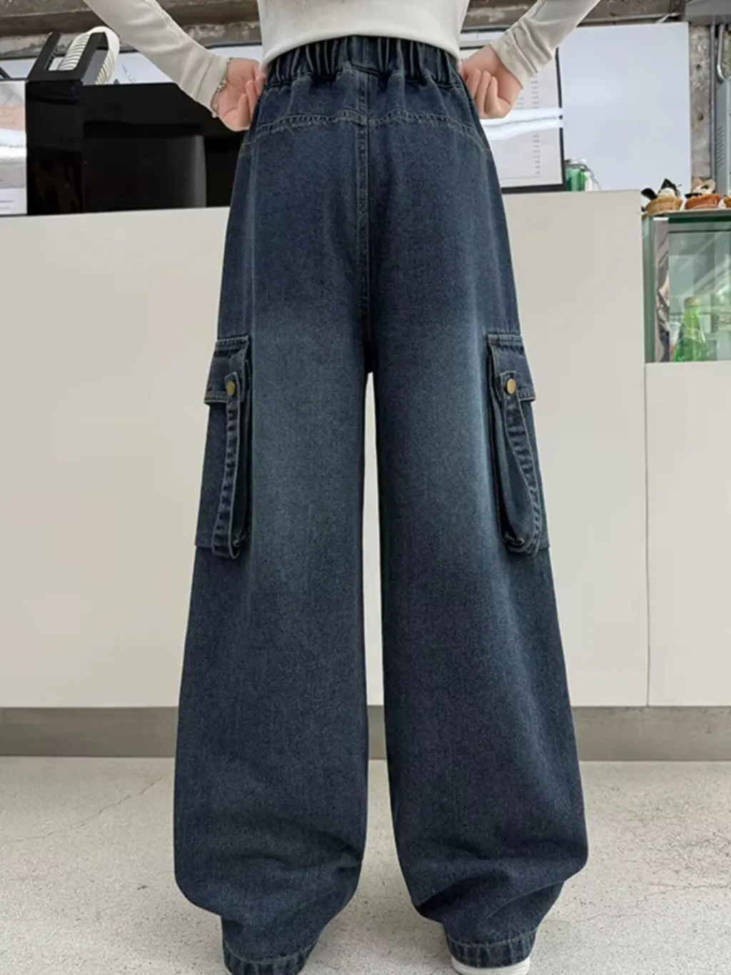 Girls' Dark Blue Washed Cargo Jeans — a pair designed to be worn everywhere