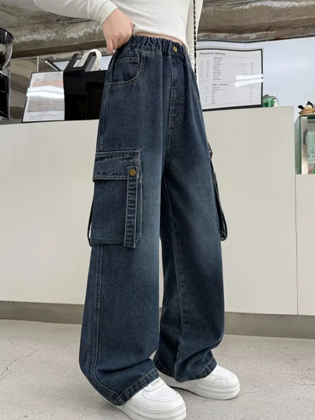 Girls' Dark Blue Washed Cargo Jeans — quality denim, made to last