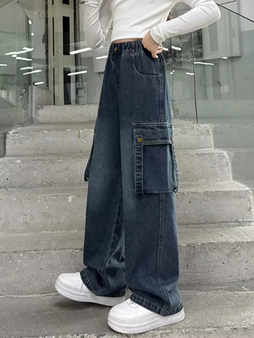 Girls' Dark Blue Washed Cargo Jeans — endless ways to style it