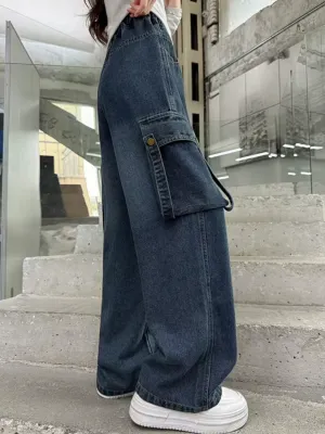Girls' Dark Blue Washed Cargo Jeans — view 5