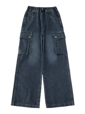 Girls' Dark Blue Washed Cargo Jeans — view 6