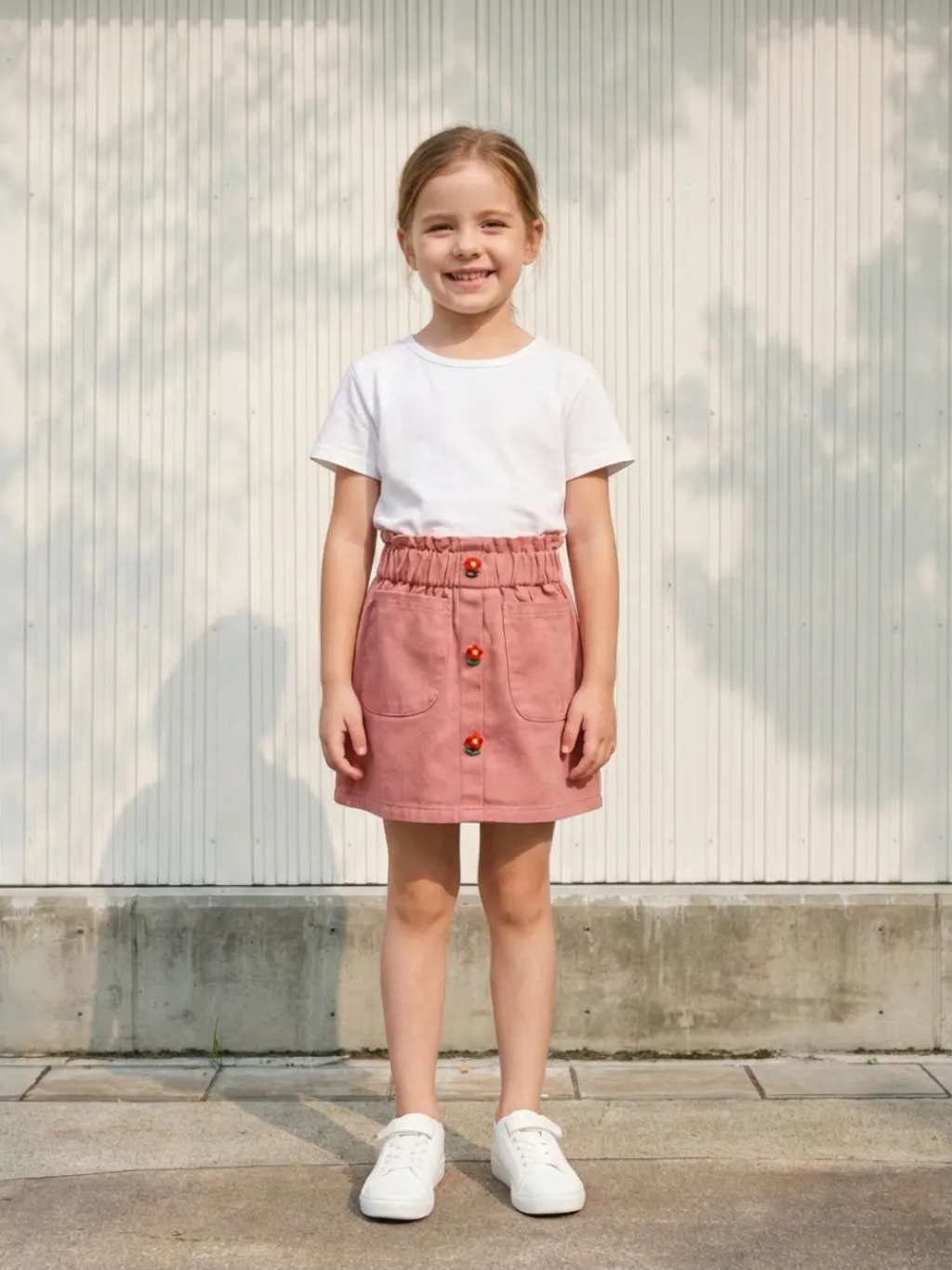 Girls' Denim Skirt with Elasticated Waist and Flower Buttons