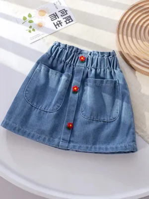 Girls' Denim Skirt with Elasticated Waist and Flower Buttons — view 3