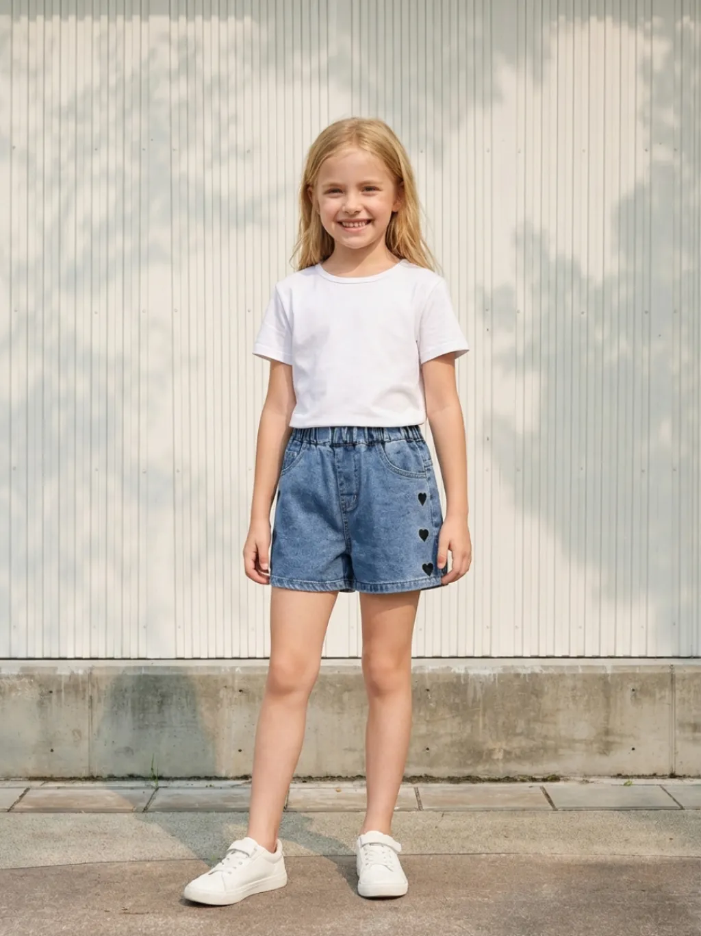 Girls' Denim Shorts with Elasticated Waist and Heart Print