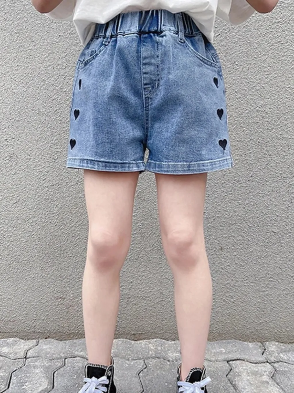 Girls' Denim Shorts with Elasticated Waist and Heart Print — quality denim, made to last