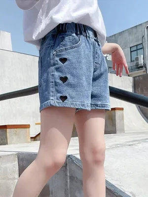 Girls' Denim Shorts with Elasticated Waist and Heart Print — view 5