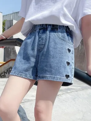 Girls' Denim Shorts with Elasticated Waist and Heart Print — view 6