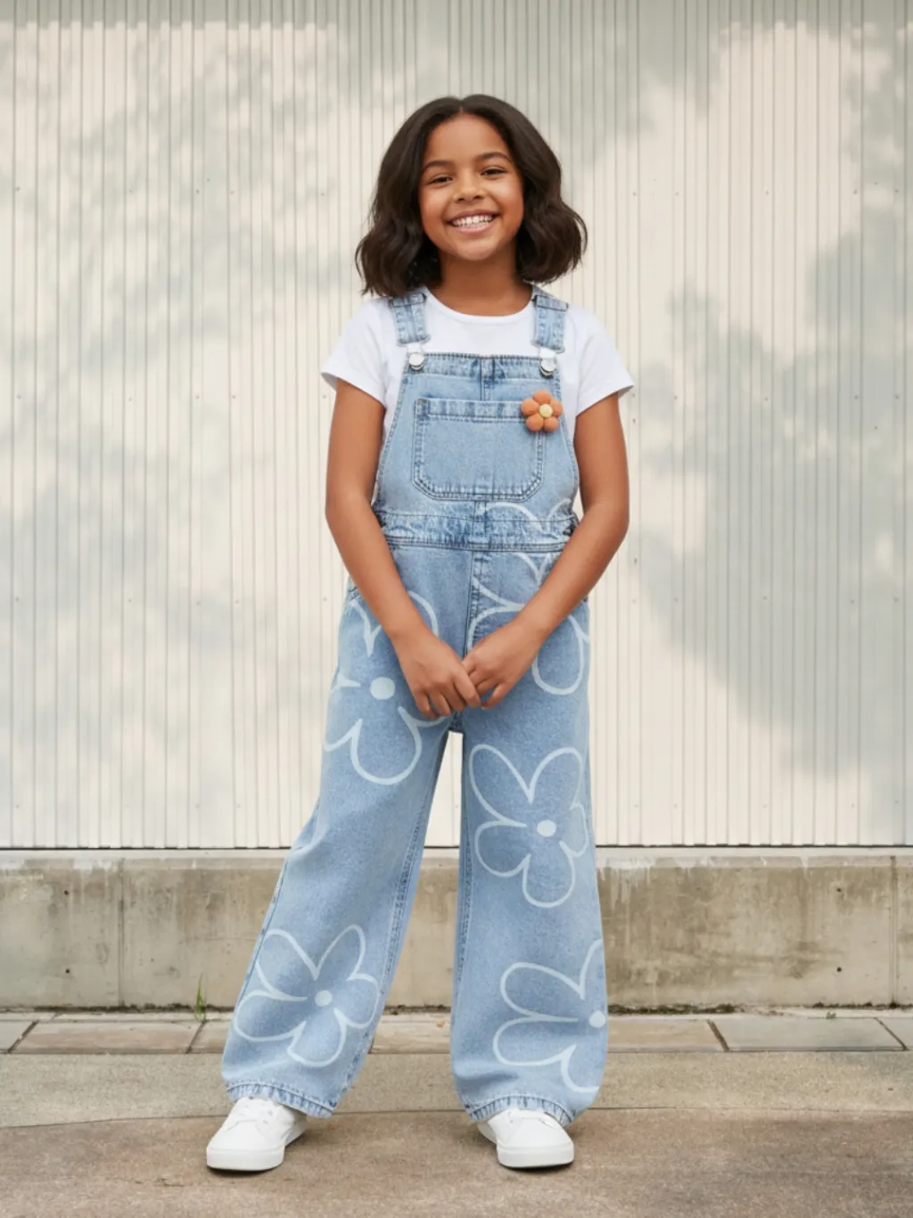 Girls' Denim Dungarees with Floral Print
