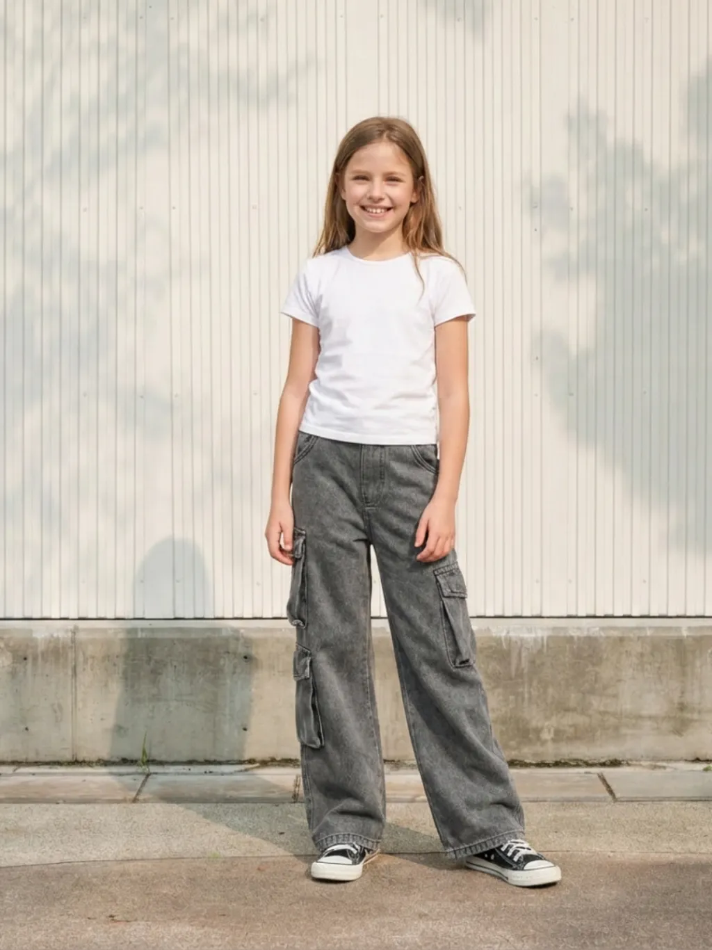 Girls' Grey Cargo Jeans with Utility Pockets