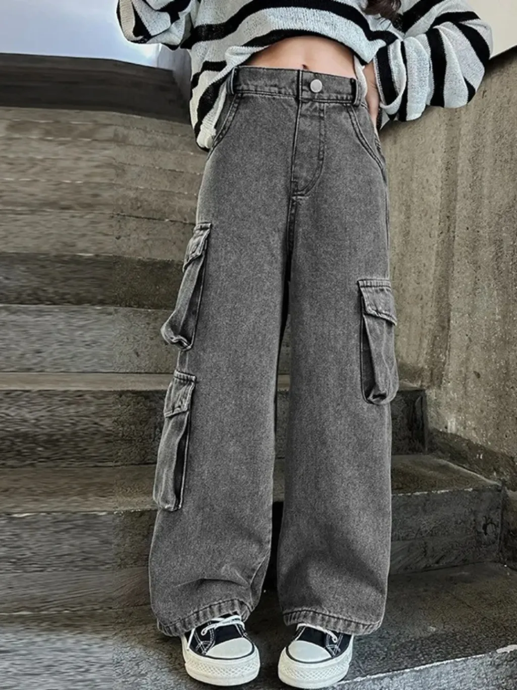 Girls' Grey Cargo Jeans with Utility Pockets — a pair designed to be worn everywhere