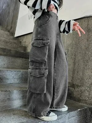 Girls' Grey Cargo Jeans with Utility Pockets — view 3