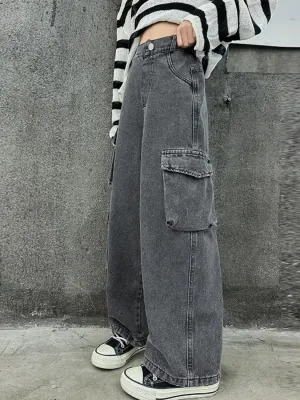 Girls' Grey Cargo Jeans with Utility Pockets — view 4