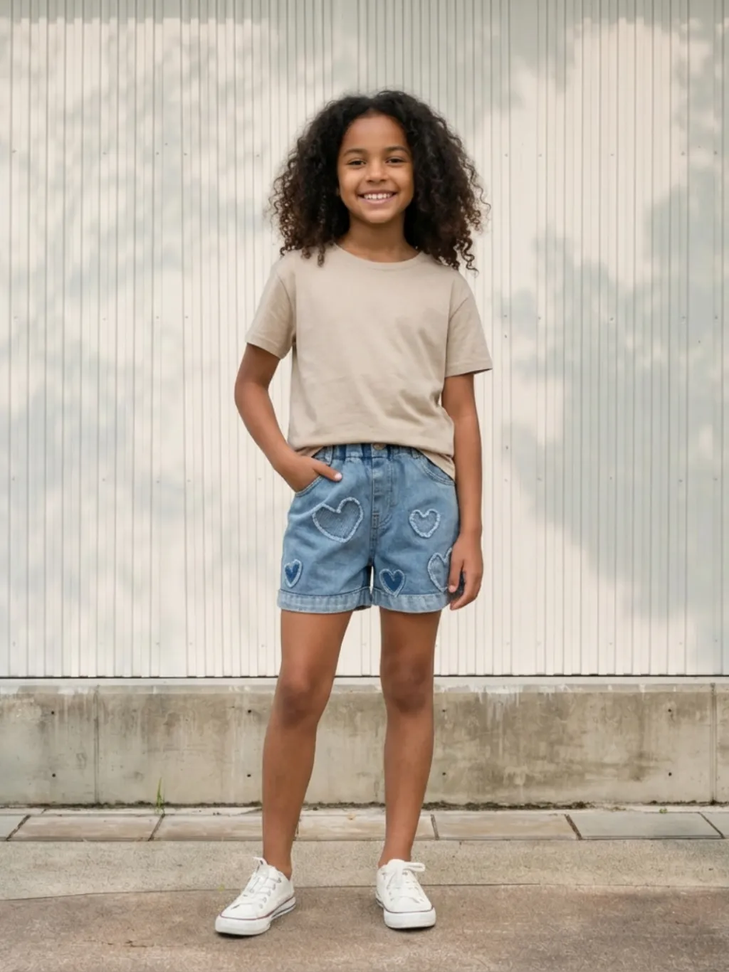 Girls' Denim Shorts with Heart Motif