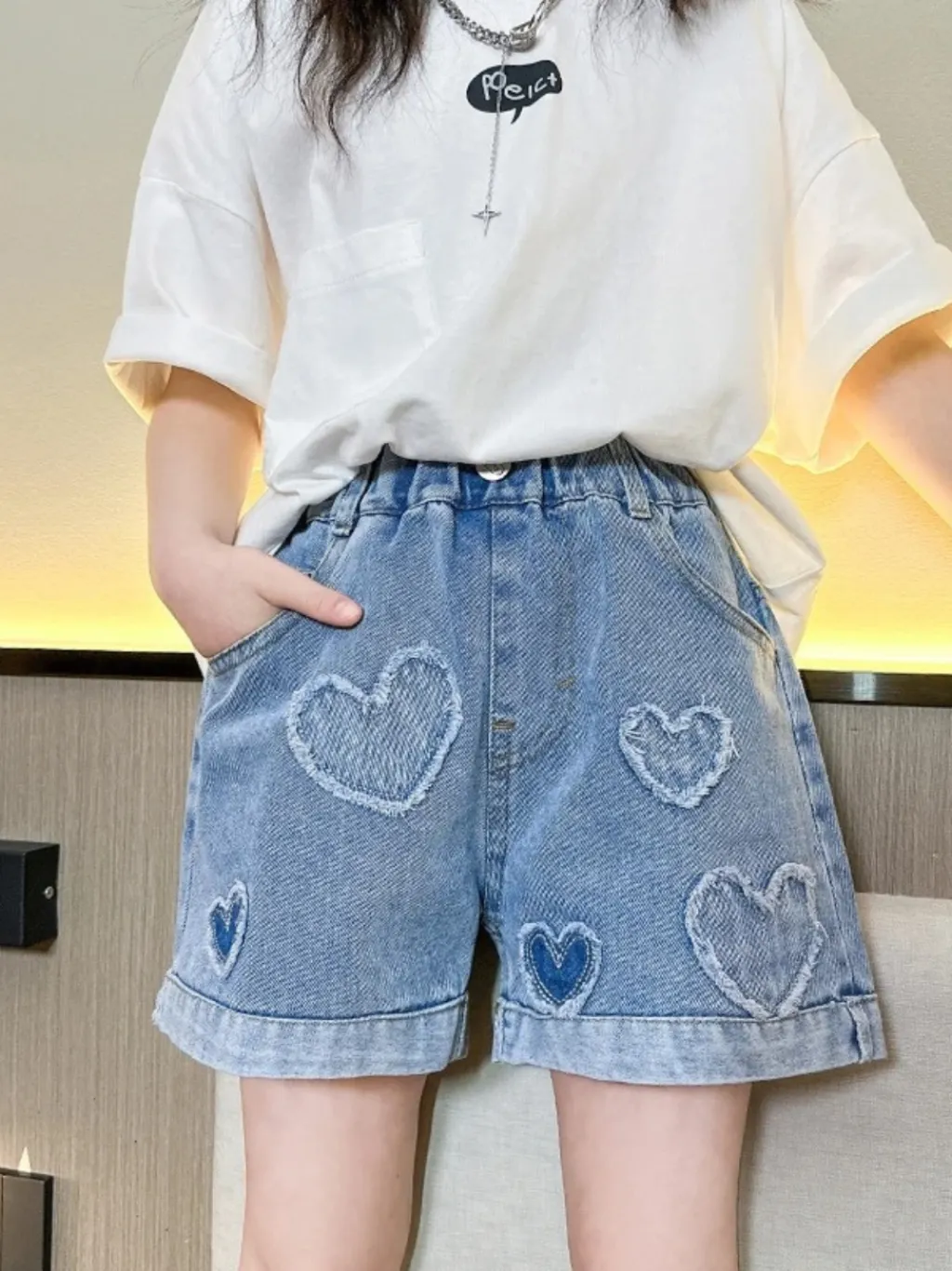 Girls' Denim Shorts with Heart Motif — a pair designed to be worn everywhere