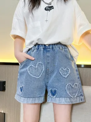 Girls' Denim Shorts with Heart Motif — view 2