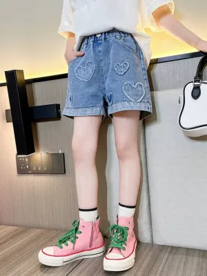 Girls' Denim Shorts with Heart Motif — view 3