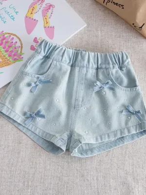 Girls' Light Blue Denim Shorts with Bows and Beads — view 2