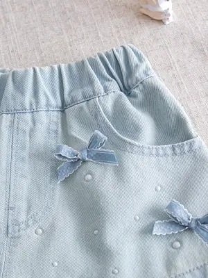 Girls' Light Blue Denim Shorts with Bows and Beads — view 4