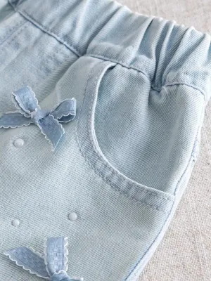 Girls' Light Blue Denim Shorts with Bows and Beads — view 5