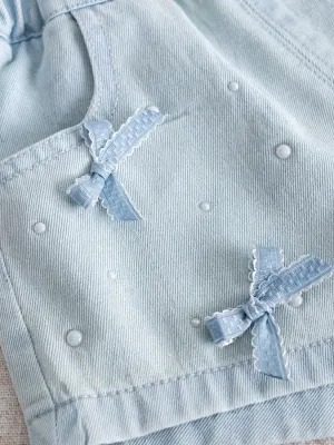 Girls' Light Blue Denim Shorts with Bows and Beads — view 6