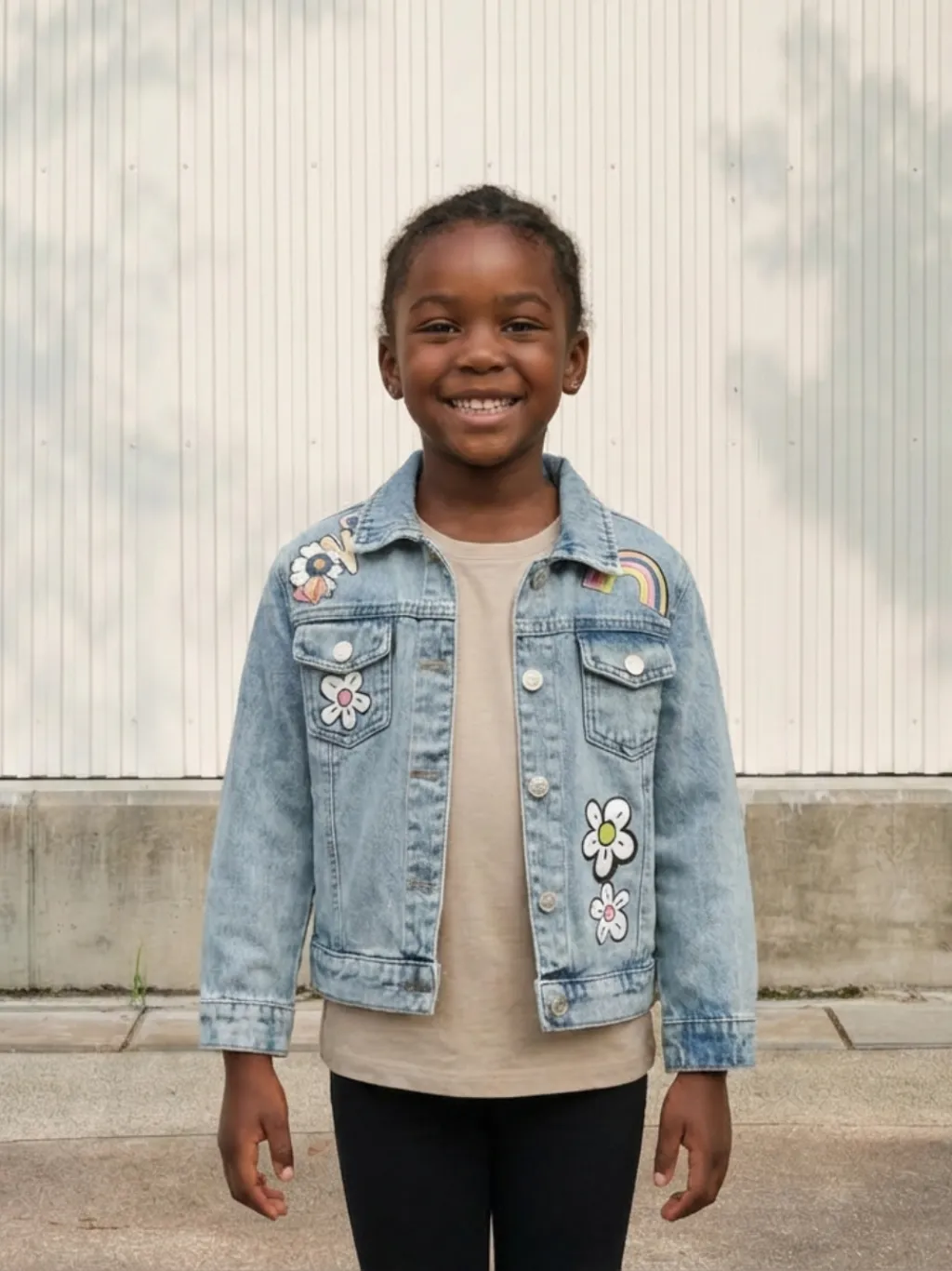 Girls' Light Blue Denim Jacket with Flowers and Rainbows