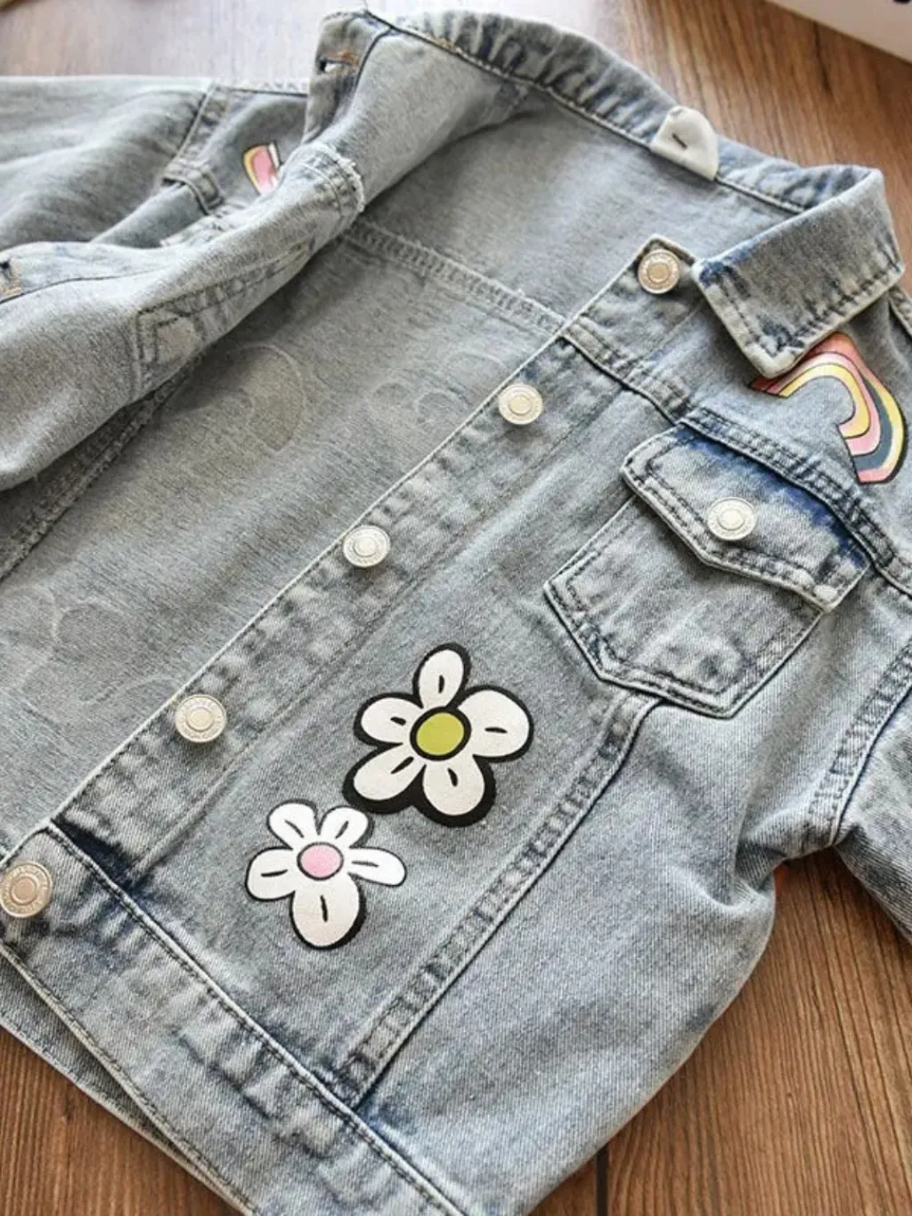 Girls' Light Blue Denim Jacket with Flowers and Rainbows — quality denim, made to last