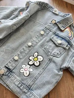 Girls' Light Blue Denim Jacket with Flowers and Rainbows — view 3